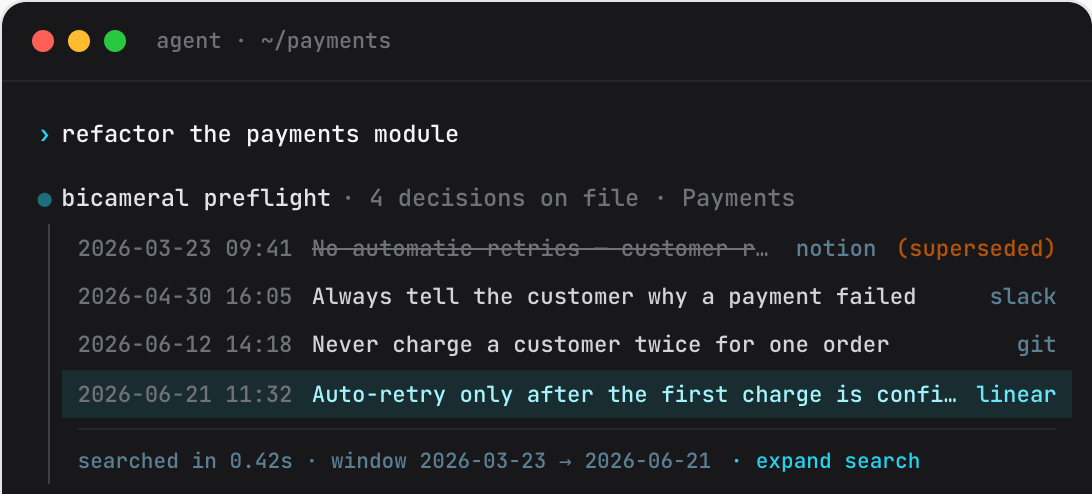 Bicameral agent preflight: dated product decisions with source labels (notion, slack, git, linear) and a search provenance footer