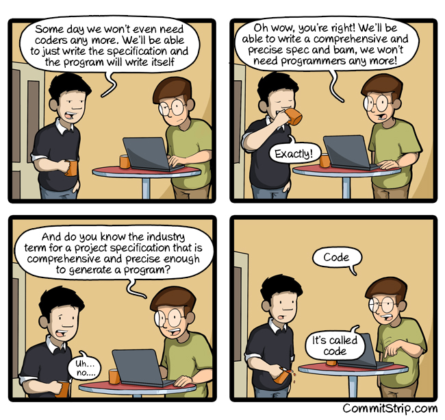 Sufficiently detailed spec is code, comic strip